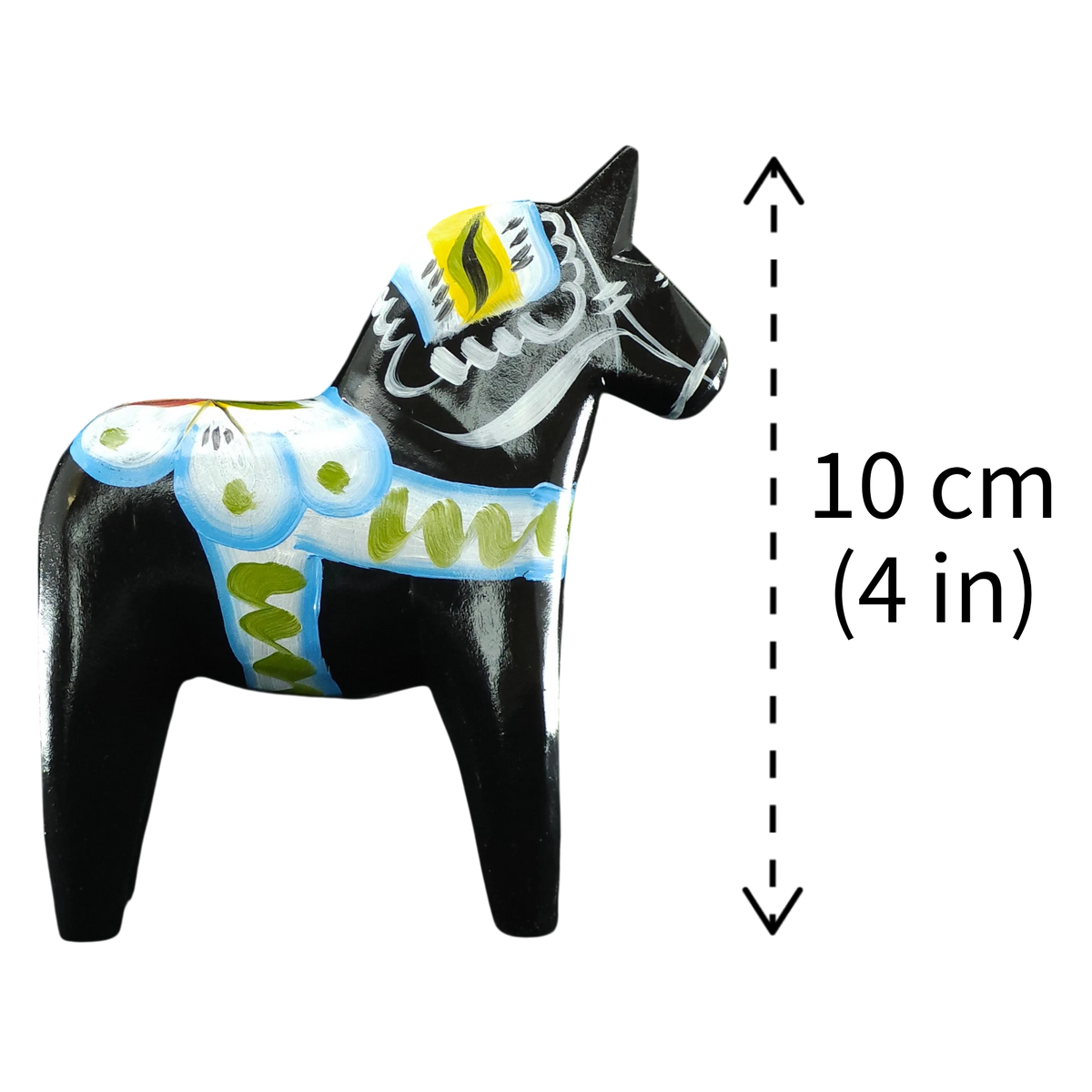 Black Swedish Dala horse with hand-painted floral patterns, positioned next to a dashed line indicating its 10 cm (4-inch) height.