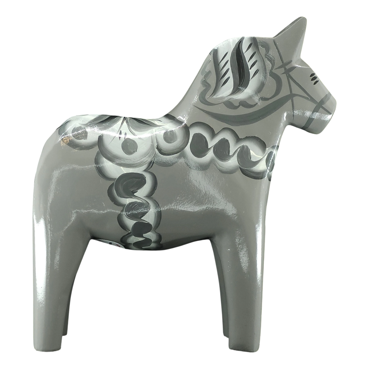 Dala Horse: Gray Swedish Dala Horse with White Black and Gray Kurbits "Sten" | Handcrafted by Grannas A. Olsson in Sweden (13cm / 5 inches)