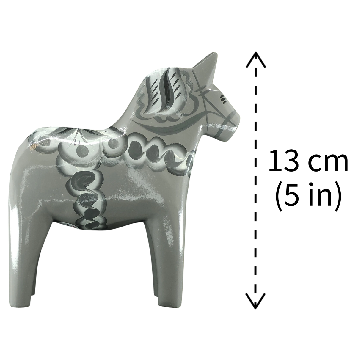 Dala Horse: Gray Swedish Dala Horse with White Black and Gray Kurbits "Sten" | Handcrafted by Grannas A. Olsson in Sweden (13cm / 5 inches)