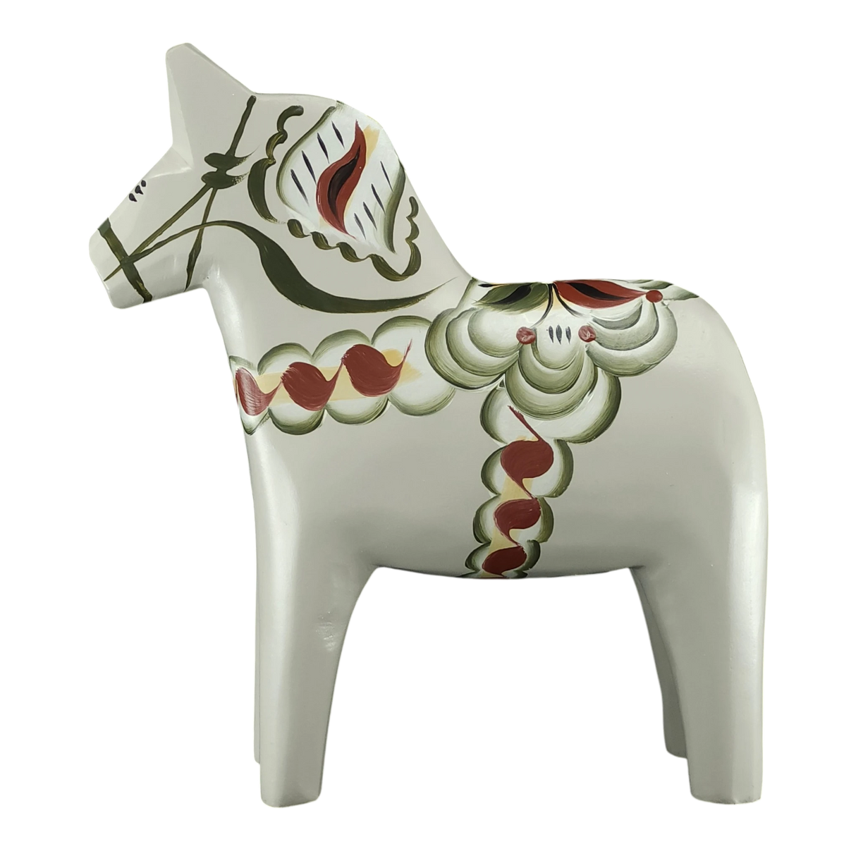 The Grannas Olsson Gray Swedish Dala Horse "Anders / Anniversary Series" (13 cm) stands upright, showcasing traditional Swedish craftsmanship and decorative patterns, handcrafted in Sweden.