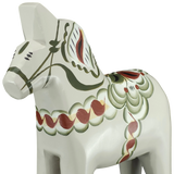 A close-up of the gray Swedish Dala Horse "Anders / Anniversary Series" (13 cm), handcrafted by Grannas Olsson in Sweden, features traditional painted patterns, showcasing classic Swedish craftsmanship.