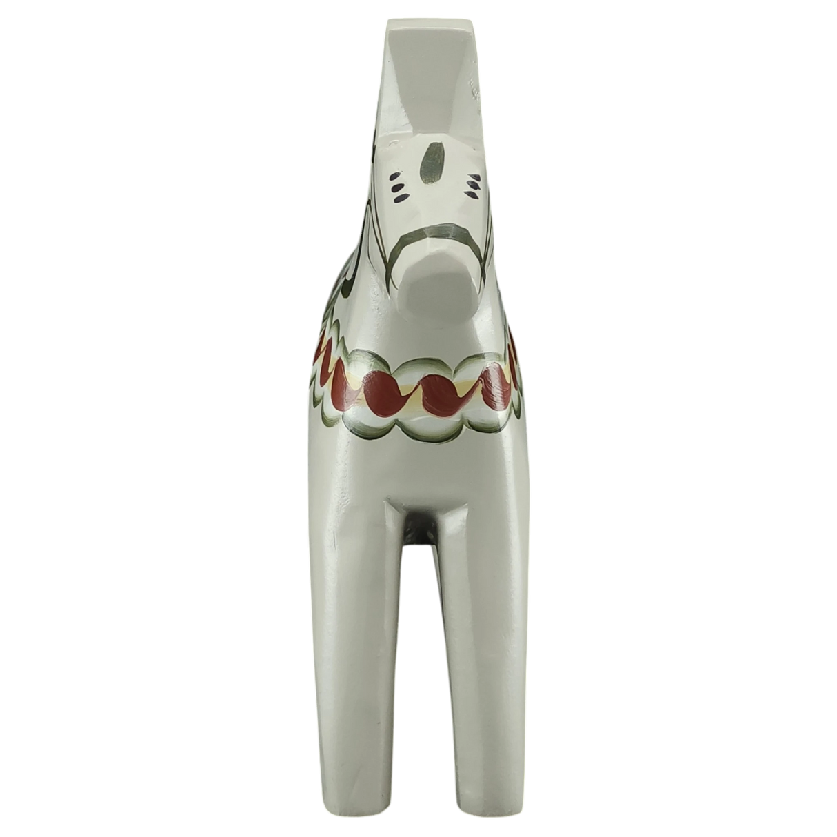 A handcrafted gray Swedish Dala Horse (13 cm) from Grannas Olsson’s Anniversary Series, “Anders,” is shown from the front against a white background, featuring traditional painted patterns.