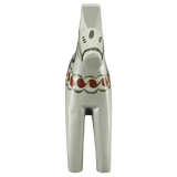 A handcrafted gray Swedish Dala Horse (13 cm) from Grannas Olsson’s Anniversary Series, “Anders,” is shown from the front against a white background, featuring traditional painted patterns.