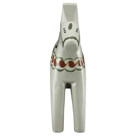 A handcrafted gray Swedish Dala Horse (13 cm) from Grannas Olsson’s Anniversary Series, “Anders,” is shown from the front against a white background, featuring traditional painted patterns.