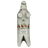 The Grannas Olsson Dala Horse is a handcrafted gray ceramic figurine (13 cm) with four legs, two raised front limbs, and colorful Swedish folk patterns. A sticker with text appears on its front. Part of the Anders Anniversary Series.