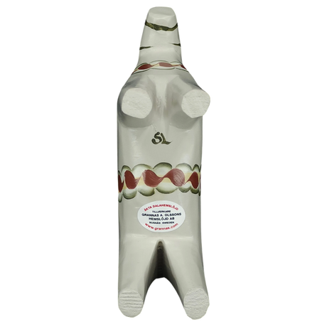 The Grannas Olsson Dala Horse is a handcrafted gray ceramic figurine (13 cm) with four legs, two raised front limbs, and colorful Swedish folk patterns. A sticker with text appears on its front. Part of the Anders Anniversary Series.
