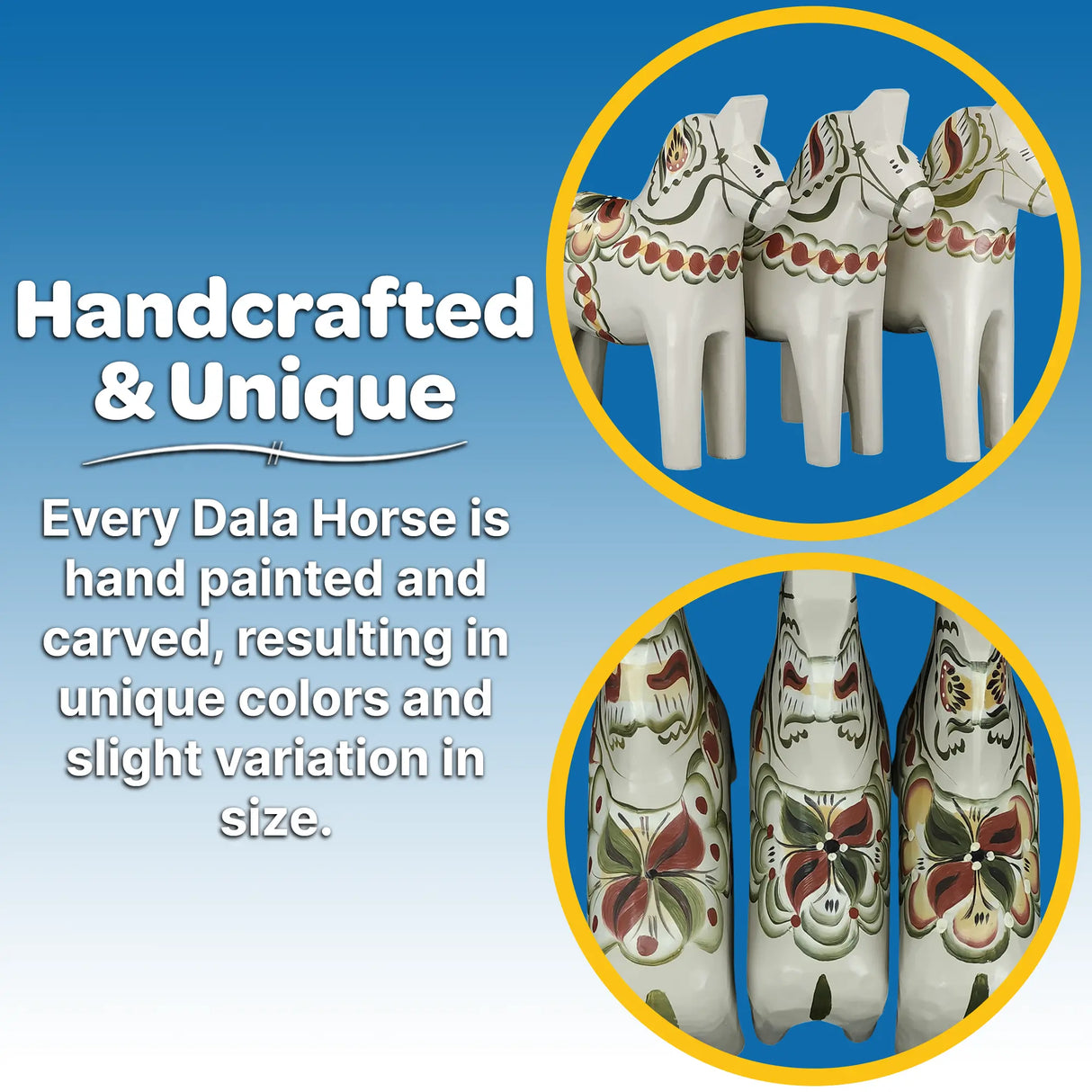 Two circular images show the Grannas Olsson Gray Swedish Dala Horse "Anders" (13 cm), handcrafted and hand painted in Sweden. Each unique piece uses traditional craftsmanship from the Grannas A. Olsson Anniversary Series.