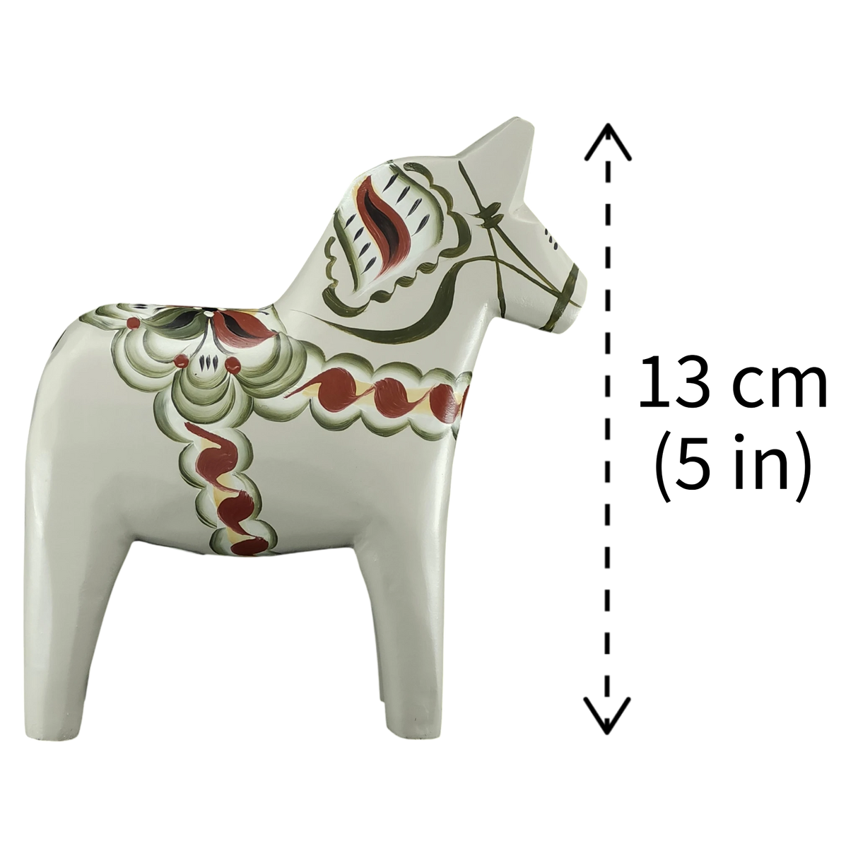 Gray Swedish Dala Horse "Anders" from Grannas Olsson, part of the Anniversary Series, handcrafted in Sweden with classic painted details, shown beside a dashed vertical line marking its 13 cm (5 in) height.