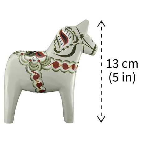 Gray Swedish Dala Horse "Anders" from Grannas Olsson, part of the Anniversary Series, handcrafted in Sweden with classic painted details, shown beside a dashed vertical line marking its 13 cm (5 in) height.