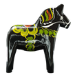 Black Swedish Dala horse with hand-painted green, yellow, red, and white decorative patterns on its body.