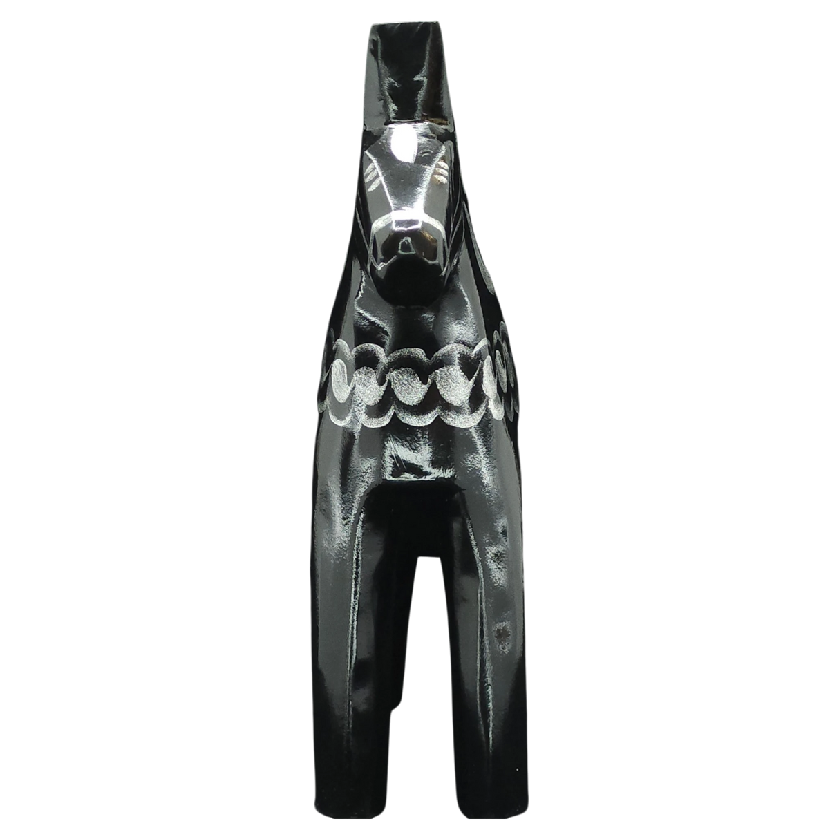 The Grannas Olsson Dala Horse: Black & Silver "Celebrate Series" is a handcrafted 13 cm Swedish folk art figurine, featuring a glossy black finish with silver circular designs, shown front-facing against a plain white background.