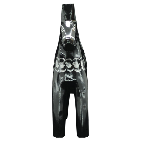 The Grannas Olsson Dala Horse: Black & Silver "Celebrate Series" is a handcrafted 13 cm Swedish folk art figurine, featuring a glossy black finish with silver circular designs, shown front-facing against a plain white background.
