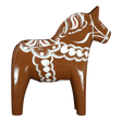 The Grannas Olsson Brown Swedish Dala Horse "Gingerbread" figurine, handcrafted in Sweden (13 cm/5 in), features white decorative patterns and stands upright on four legs, celebrating Scandinavian heritage.