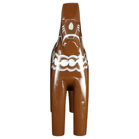 The Dala Horse: Brown Swedish Dala Horse "Gingerbread" by Grannas Olsson, handcrafted in Sweden (13 cm), features white patterns and Scandinavian design, shown from the back against a white background.