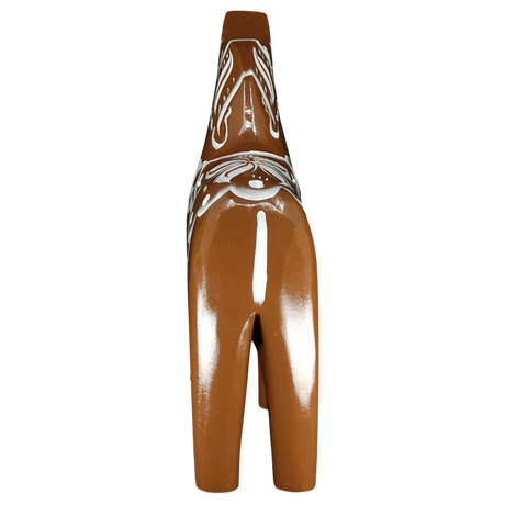The Grannas Olsson Brown Swedish Dala Horse "Gingerbread" is a handcrafted 13 cm ceramic figurine with white Scandinavian patterns and a glossy finish, inspired by heritage design and viewed from behind.