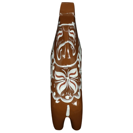 The Grannas Olsson Brown Swedish Dala Horse "Gingerbread" (13 cm), handcrafted in Sweden, features white abstract and butterfly-like painted patterns inspired by Scandinavian heritage, displayed from above on a white background.
