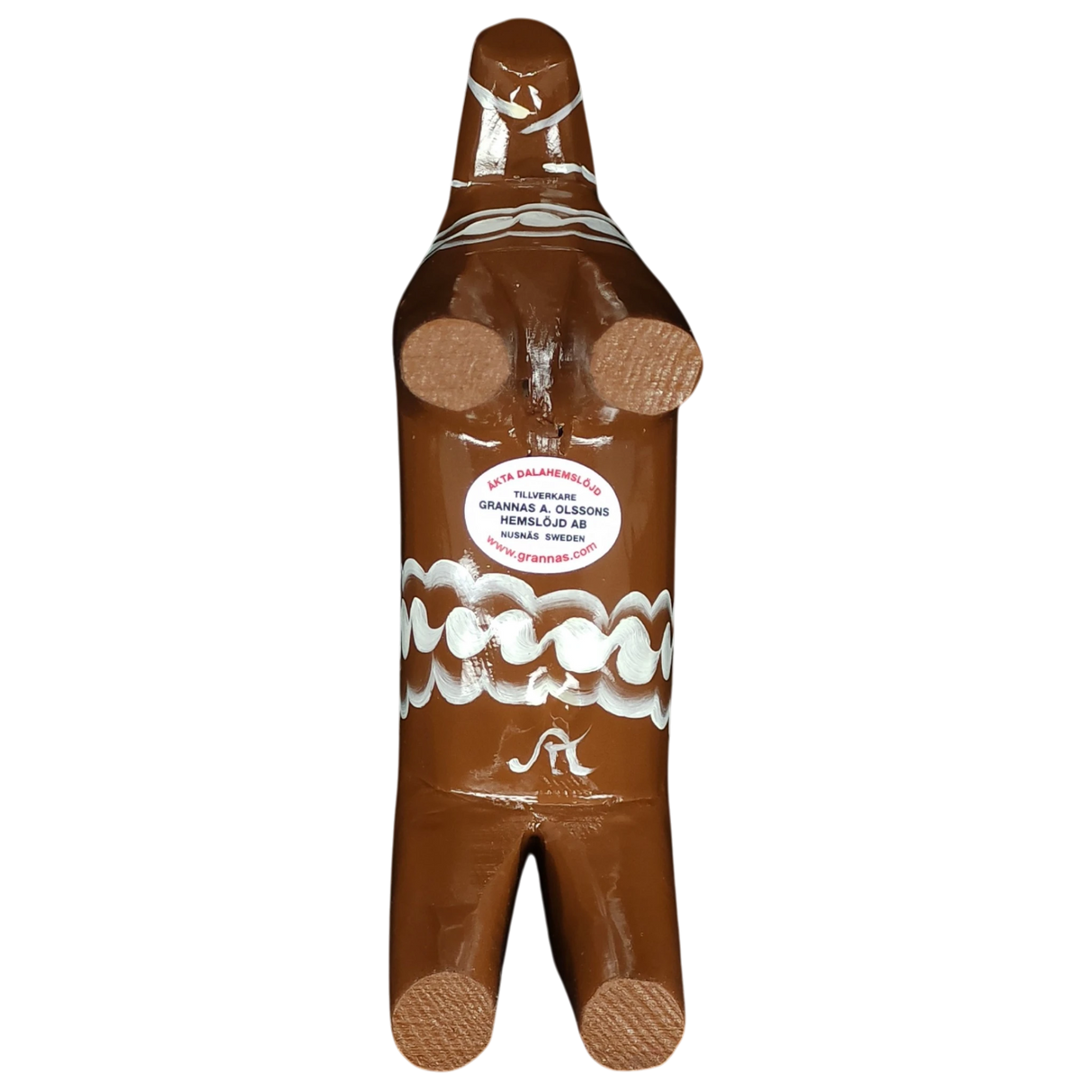 A brown, handcrafted Swedish Dala Horse "Gingerbread" (13 cm) by Grannas Olsson features stylized white details and is inspired by traditional woodcarving. Made in Sweden.