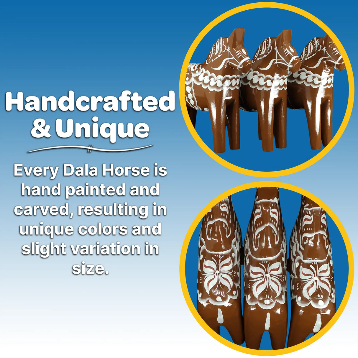 Four handcrafted Grannas Olsson Brown Swedish Dala Horses “Gingerbread” (13 cm/5 in) are shown from side and top views, each uniquely hand-painted, celebrating Scandinavian heritage in traditional Swedish style.