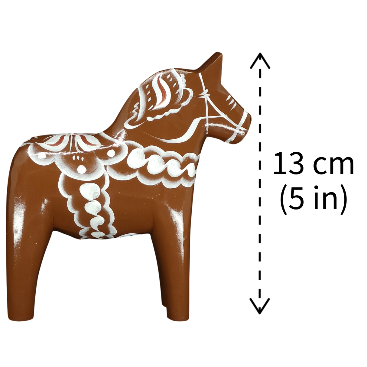 The Dala Horse: Brown Swedish "Gingerbread" by Grannas Olsson, handcrafted in Sweden, stands 13 cm (5 in) tall, showcasing classic Swedish woodcarving tradition.