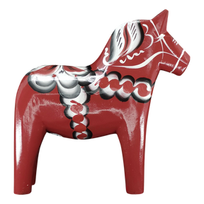 The Grannas Olsson Burgundy Swedish Dala Horse "Maria" (Anniversary Series, 15 cm) is handcrafted in Sweden and features white, black, and green patterns on its body while standing on all four legs.