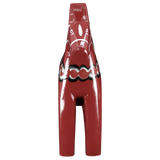 The Grannas Olsson Dala Horse: Burgundy "Maria / Anniversary Series" (15 cm) displays Swedish craftsmanship with white and black hand-painted patterns around its midsection and back. Handcrafted in Sweden.