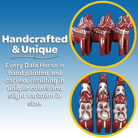 Three handcrafted burgundy Dala horses (15 cm) from Grannas Olsson’s Anniversary Series are shown from various angles. Each "Maria" Dala horse is uniquely carved and painted in Sweden, so color and size may vary.
