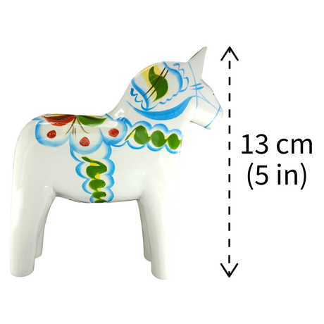 Dala Horse: White Swedish Dala Horse with Multi-Color Kurbits | Handcrafted by Grannas A. Olsson in Sweden