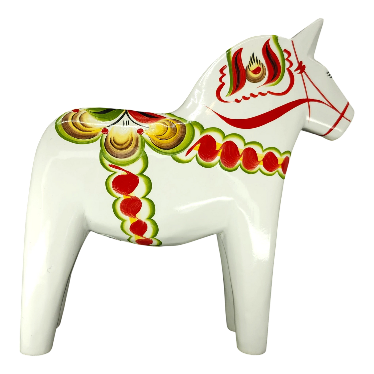 Dala Horse: White Swedish Dala Horse with Multi-Color Kurbits | Handcrafted by Grannas A. Olsson in Sweden