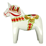 Dala Horse: White Swedish Dala Horse with Multi-Color Kurbits | Handcrafted by Grannas A. Olsson in Sweden
