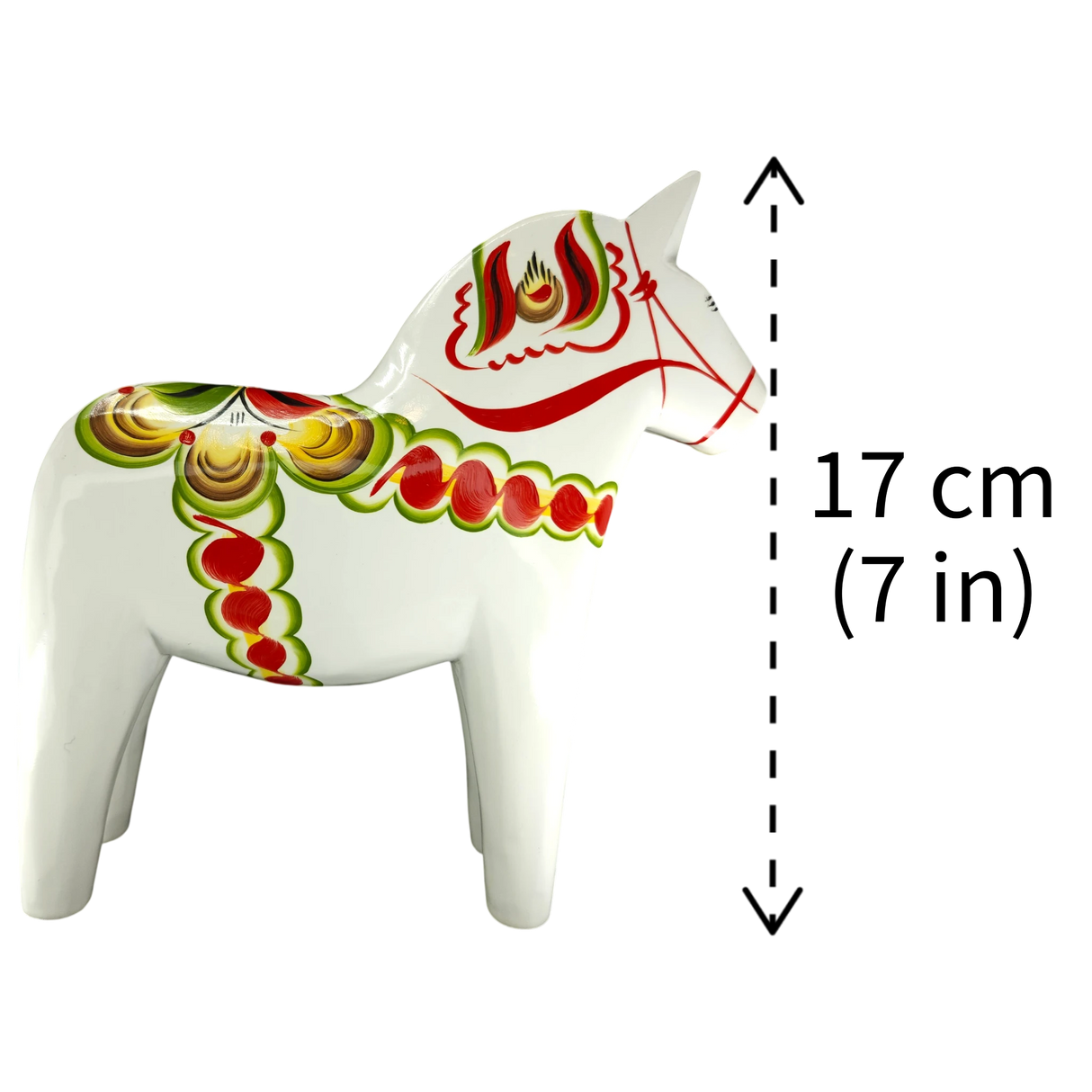 Dala Horse: White Swedish Dala Horse with Multi-Color Kurbits | Handcrafted by Grannas A. Olsson in Sweden