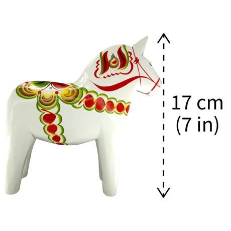 Dala Horse: White Swedish Dala Horse with Multi-Color Kurbits | Handcrafted by Grannas A. Olsson in Sweden