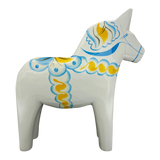 Dala Horse: White Swedish Dala Horse with Blue and Yellow "Swedish Flag Colors | Grannas A. Olsson Made in Sweden