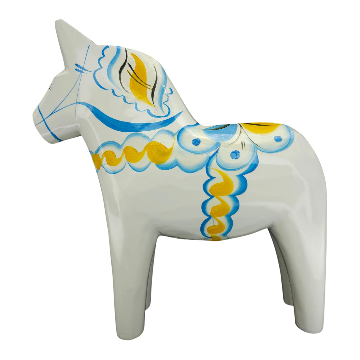 Dala Horse: White Swedish Dala Horse with Blue and Yellow "Swedish Flag Colors | Grannas A. Olsson Made in Sweden