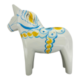 Dala Horse: White Swedish Dala Horse with Blue and Yellow "Swedish Flag Colors | Grannas A. Olsson Made in Sweden
