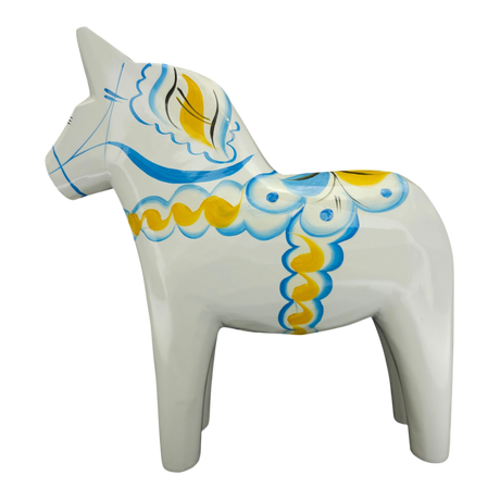 Dala Horse: White Swedish Dala Horse with Blue and Yellow "Swedish Flag Colors | Grannas A. Olsson Made in Sweden