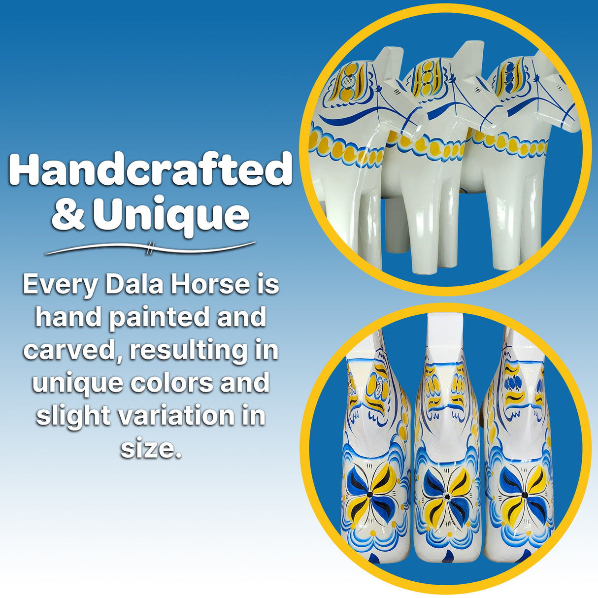 Dala Horse: White Swedish Dala Horse with Blue and Yellow "Swedish Flag Colors | Grannas A. Olsson Made in Sweden