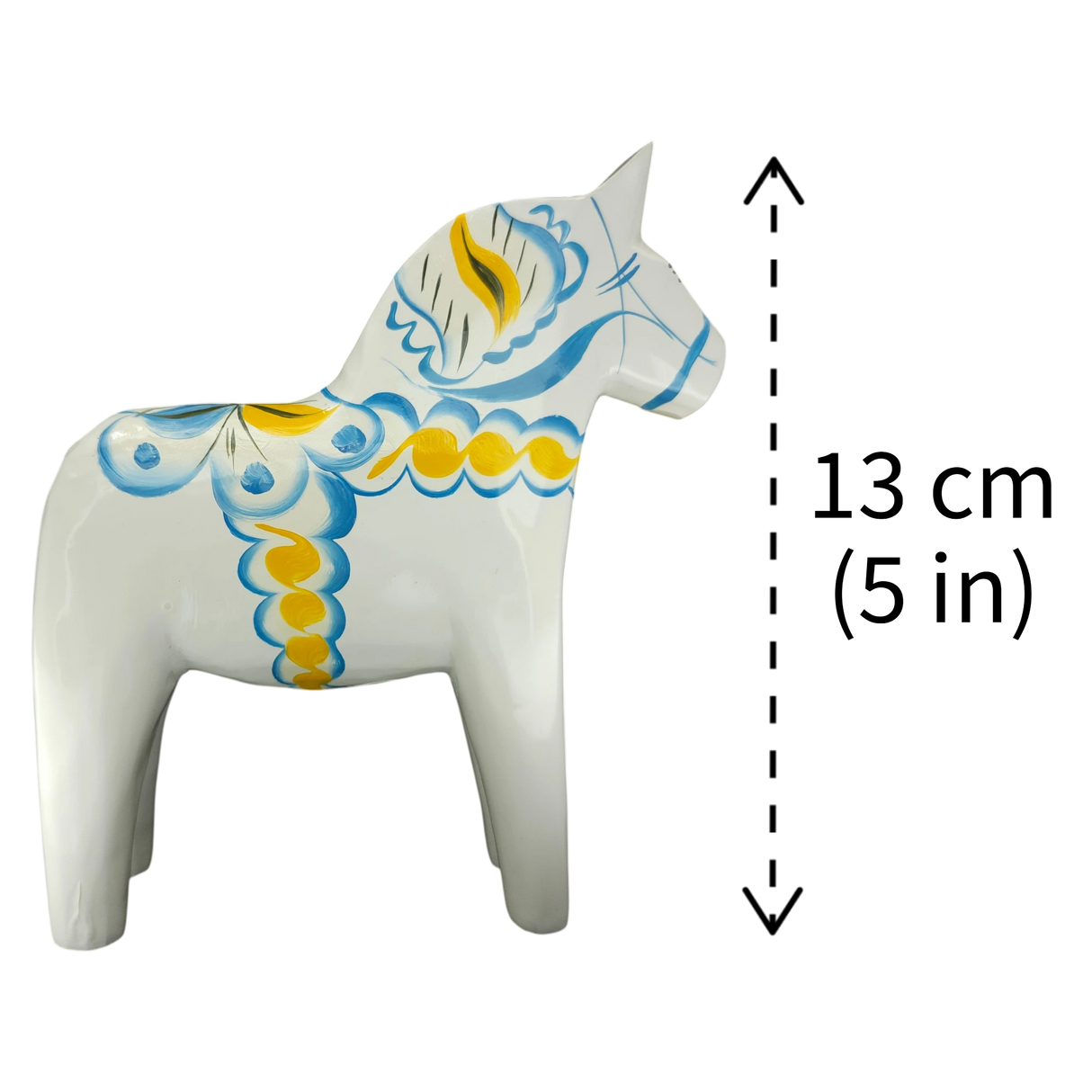 Dala Horse: White Swedish Dala Horse with Blue and Yellow "Swedish Flag Colors | Grannas A. Olsson Made in Sweden