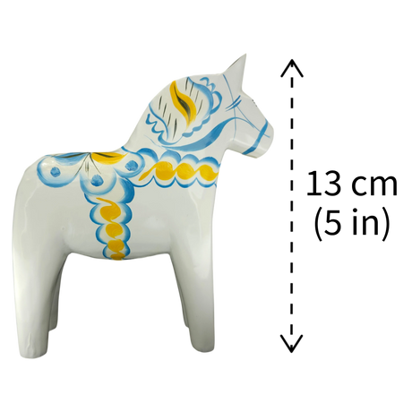 Dala Horse: White Swedish Dala Horse with Blue and Yellow "Swedish Flag Colors | Grannas A. Olsson Made in Sweden
