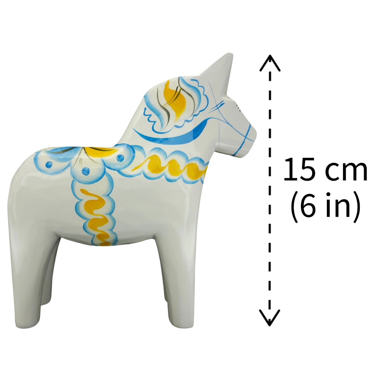 Dala Horse: White Swedish Dala Horse with Blue and Yellow "Swedish Flag Colors | Grannas A. Olsson Made in Sweden
