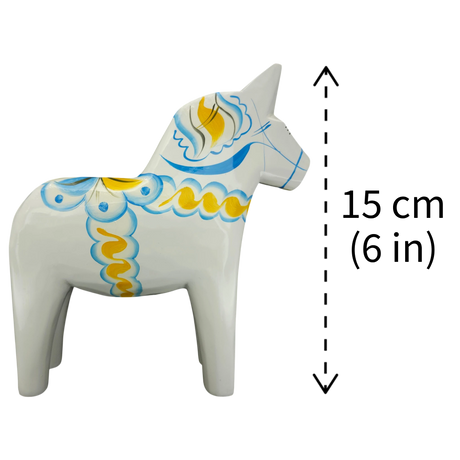 Dala Horse: White Swedish Dala Horse with Blue and Yellow "Swedish Flag Colors | Grannas A. Olsson Made in Sweden