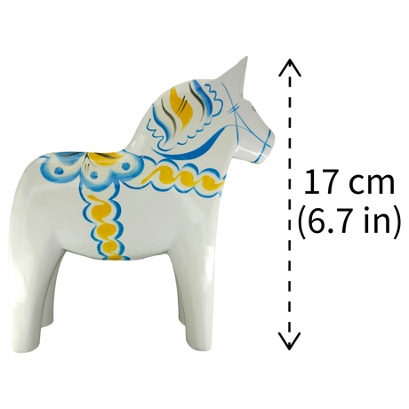 Dala Horse: White Swedish Dala Horse with Blue and Yellow "Swedish Flag Colors | Grannas A. Olsson Made in Sweden