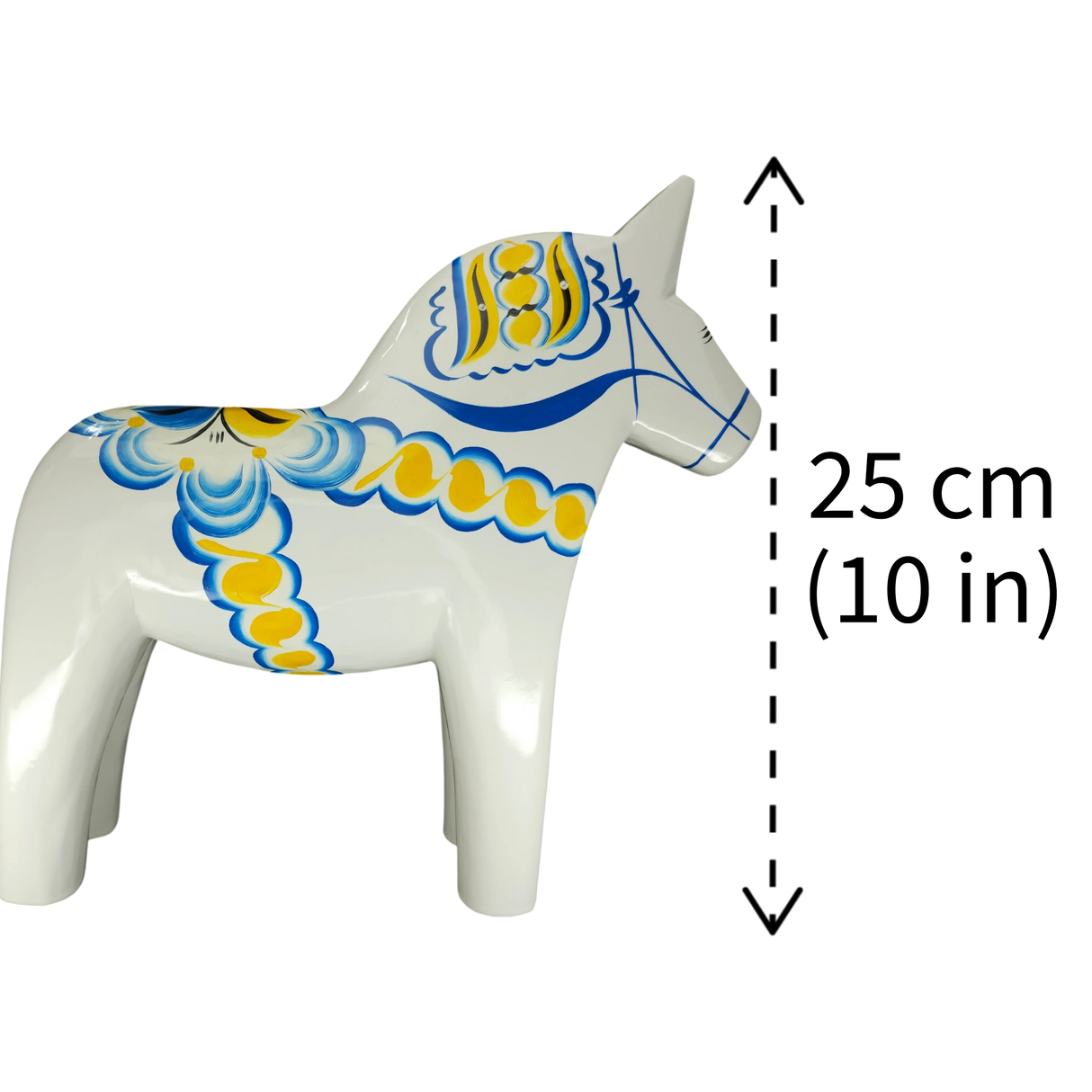 Dala Horse: White Swedish Dala Horse with Blue and Yellow "Swedish Flag Colors | Grannas A. Olsson Made in Sweden