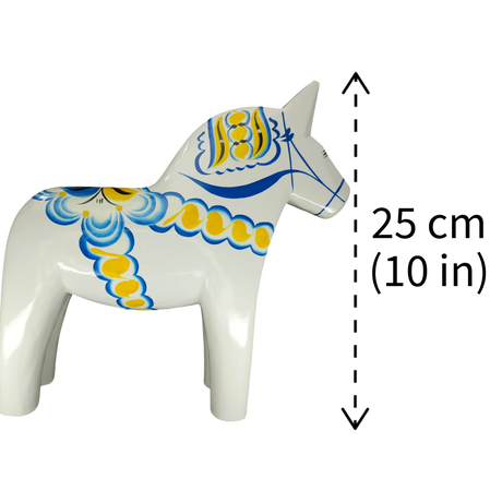 Dala Horse: White Swedish Dala Horse with Blue and Yellow "Swedish Flag Colors | Grannas A. Olsson Made in Sweden