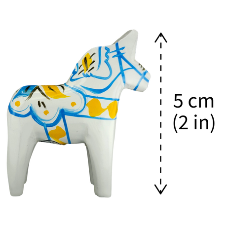 Dala Horse: White Swedish Dala Horse with Blue and Yellow "Swedish Flag Colors | Grannas A. Olsson Made in Sweden