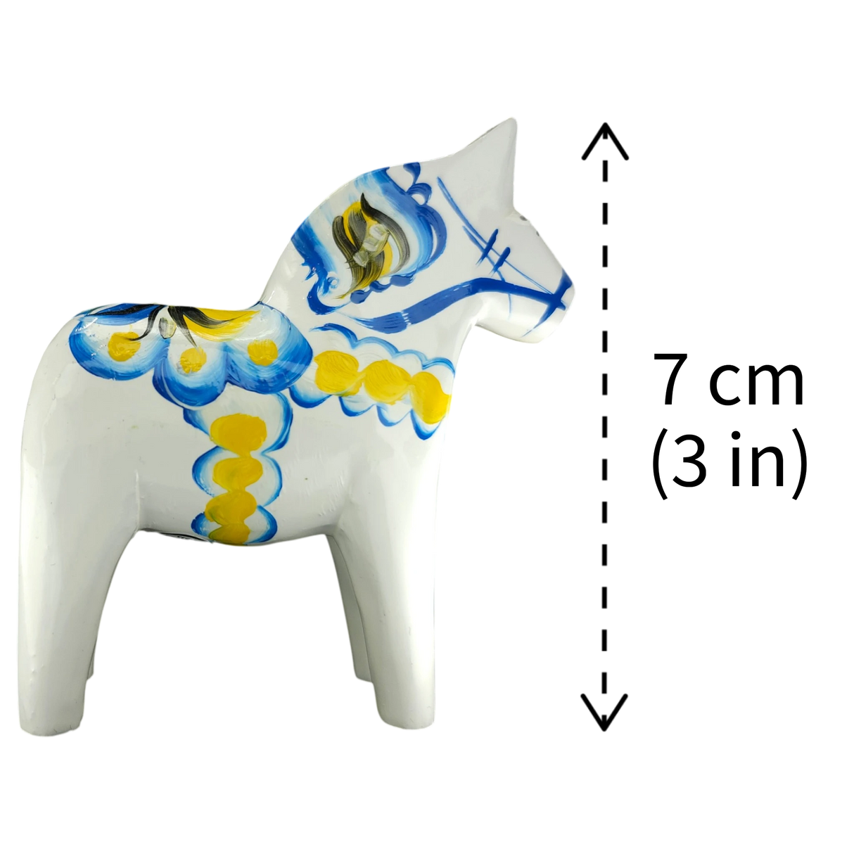 Dala Horse: White Swedish Dala Horse with Blue and Yellow "Swedish Flag Colors | Grannas A. Olsson Made in Sweden