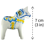 Dala Horse: White Swedish Dala Horse with Blue and Yellow "Swedish Flag Colors | Grannas A. Olsson Made in Sweden