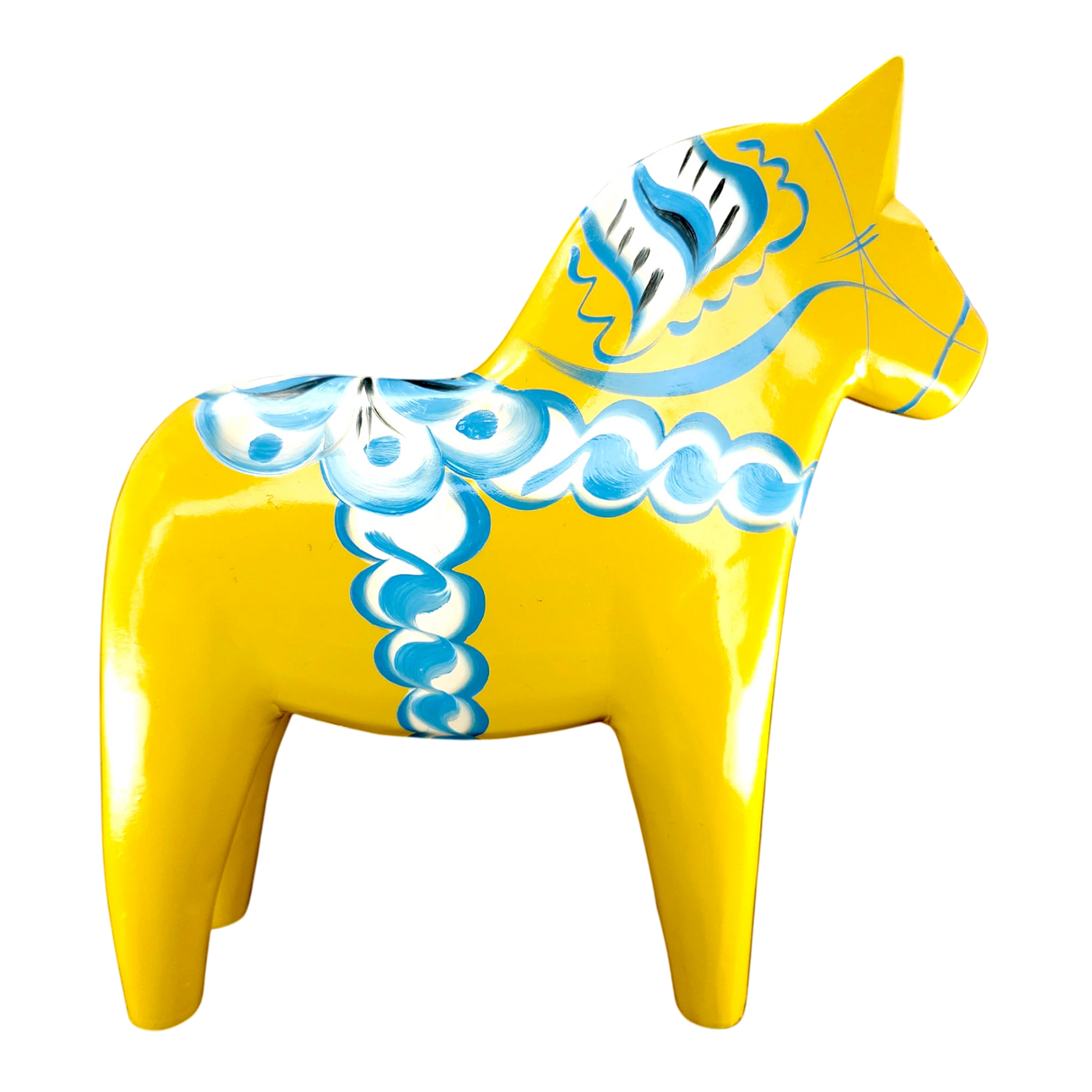 Dala Horse:  Yellow Swedish Dala Horse with Blue and White Kurbits "Swedish Flag Colors" | Grannas A. Olsson | Handcrafted in Sweden