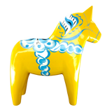 Dala Horse:  Yellow Swedish Dala Horse with Blue and White Kurbits "Swedish Flag Colors" | Grannas A. Olsson | Handcrafted in Sweden