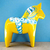 Dala Horse:  Yellow Swedish Dala Horse with Blue and White Kurbits "Swedish Flag Colors" | Grannas A. Olsson | Handcrafted in Sweden