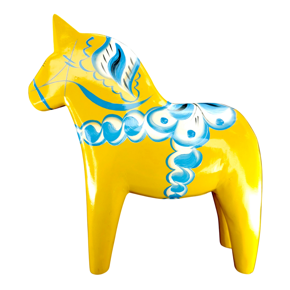 Dala Horse:  Yellow Swedish Dala Horse with Blue and White Kurbits "Swedish Flag Colors" | Grannas A. Olsson | Handcrafted in Sweden